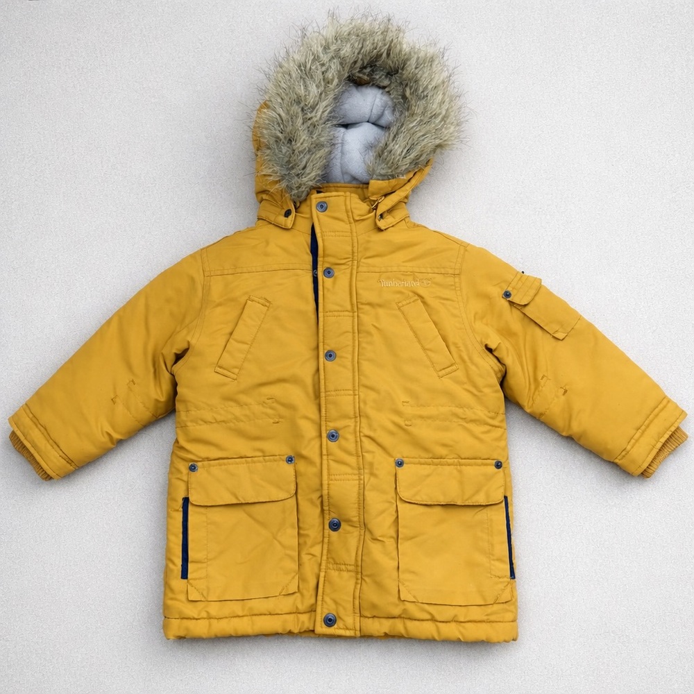 Timberland Toddler Boys Winter Parka Coat Faux Fur Hood Yellow 3T